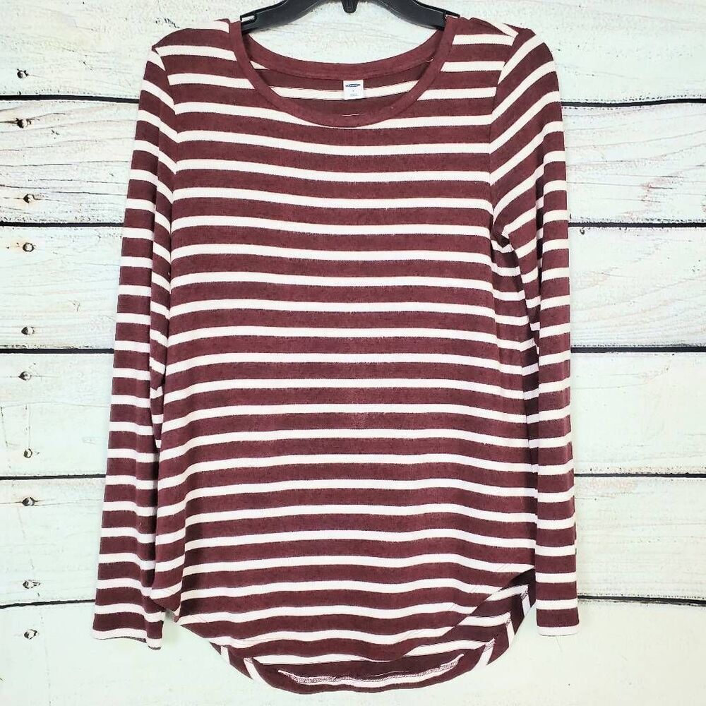 Old Navy Women’s Burgundy White Stripe Long Sleeve Tee Shirt Size Small